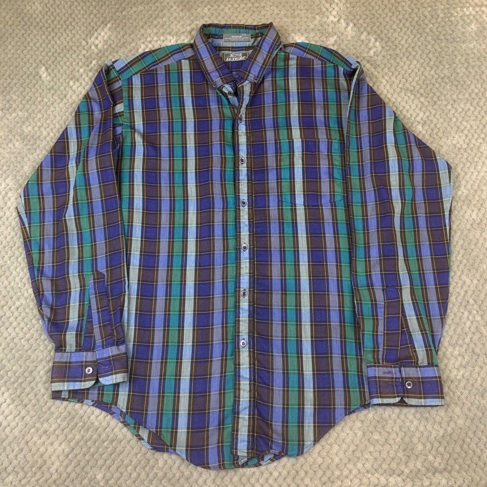 Le Tigre Shirt Mens L Vintage Plaid Blue Green Tapered Button Down Made USA 7648
